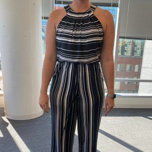 Keyhole Back Jumpsuit White / Black Vertical Stripes Emma & Michele Size Small